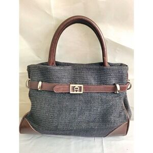Etienne Aigner Black/Brown Satchel Top Handle, Snap Closure, Silver HW, Pouch